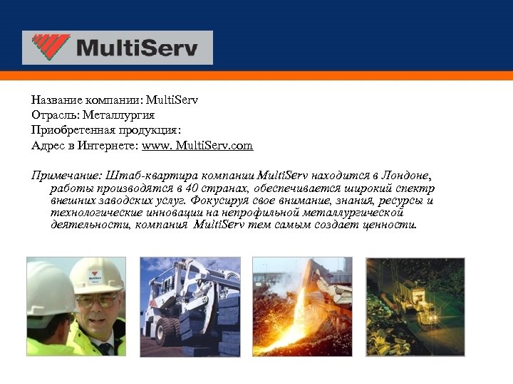 Название компании: Multi. Serv Отрасль: Металлургия Приобретенная продукция: Адрес в Интернете: www. Multi. Serv.