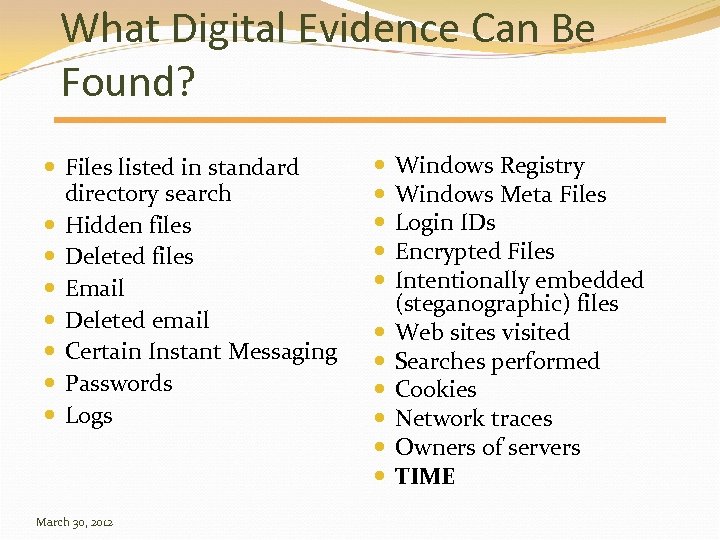 What Digital Evidence Can Be Found? Files listed in standard directory search Hidden files