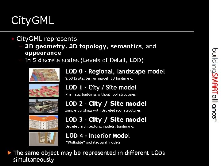 City. GML • City. GML represents – 3 D geometry, 3 D topology, semantics,