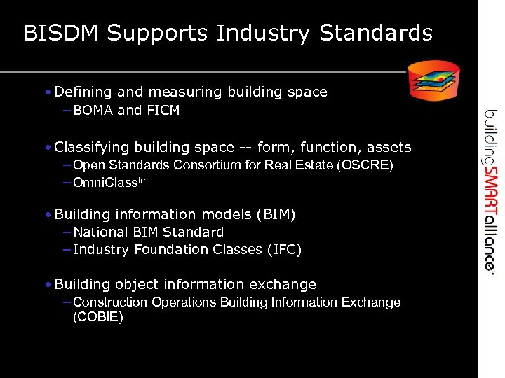 BISDM Supports Industry Standards • Defining and measuring building space – BOMA and FICM