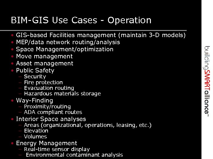 BIM-GIS Use Cases - Operation • • • GIS-based Facilities management (maintain 3 -D