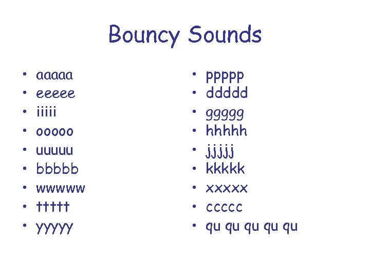 Bouncy Sounds • • • aaaaa eeeee iiiii ooooo uuuuu bbbbb wwwww ttttt yyyyy