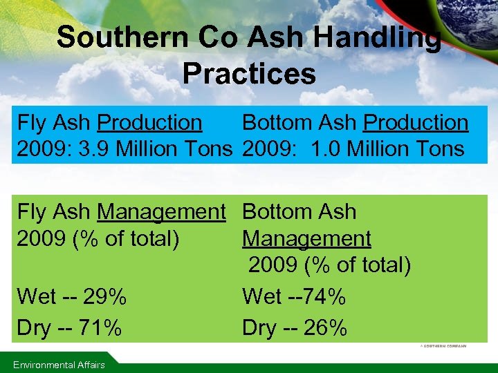 Southern Co Ash Handling Practices Fly Ash Production Bottom Ash Production 2009: 3. 9