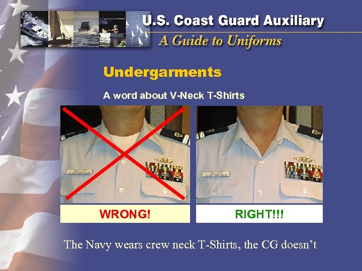 Undergarments A word about V-Neck T-Shirts WRONG! RIGHT!!! The Navy wears crew neck T-Shirts,