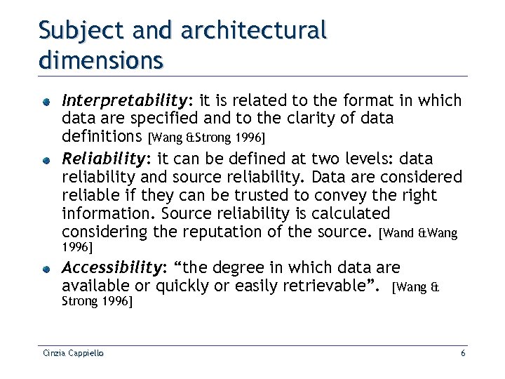 Subject and architectural dimensions Interpretability: it is related to the format in which data