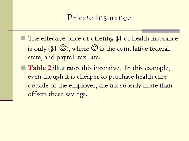 Private Insurance n The effective price of offering $1 of health insurance is only