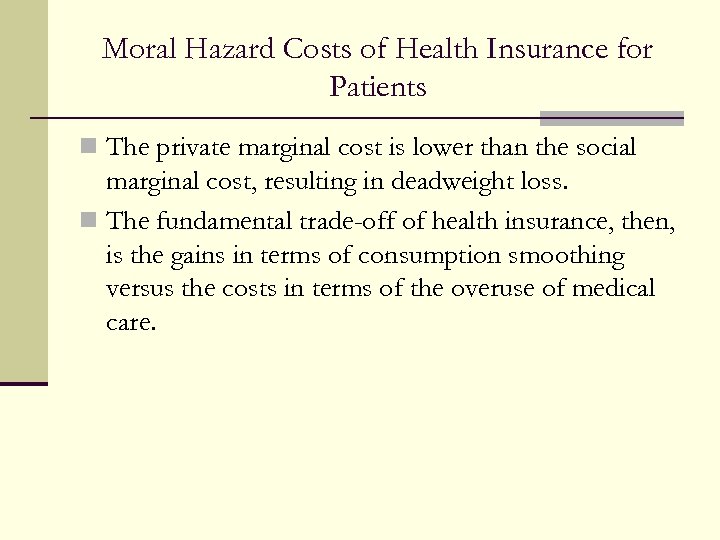 Moral Hazard Costs of Health Insurance for Patients n The private marginal cost is