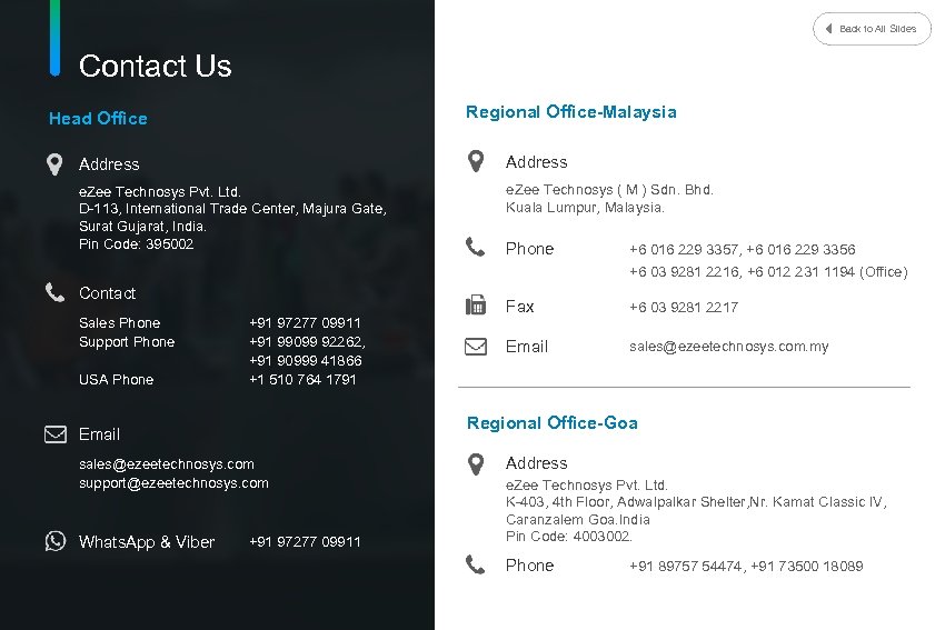 Back to All Slides Contact Us Regional Office-Malaysia Head Office Address e. Zee Technosys