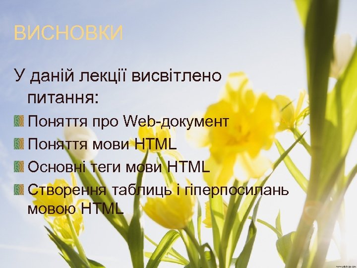 ВИСНОВКИ У даній лекції висвітлено питання: Поняття про Web-документ Поняття мови HTML Основні теги