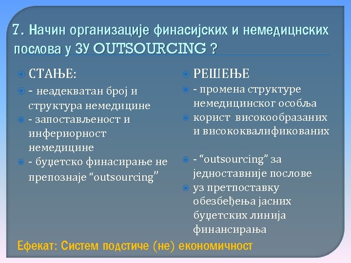 7. Начин организације финасијских и немедицнских послова у ЗУ OUTSOURCING ? СТАЊЕ: РЕШЕЊЕ -
