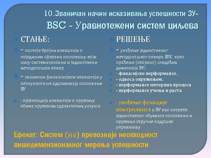 10. Званичан начин исказивања успешности ЗУ- BSC - Уравнотежени систем циљева СТАЊЕ: РЕШЕЊЕ -