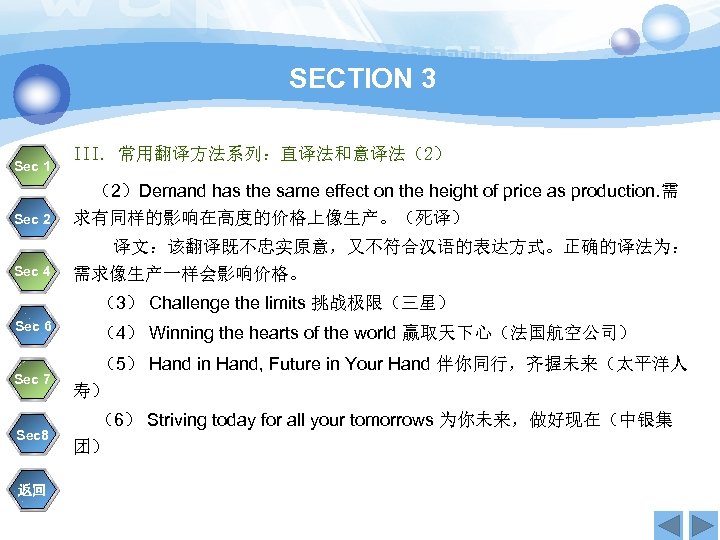 SECTION 3 Sec 1 III. 常用翻译方法系列：直译法和意译法（2） （2）Demand has the same effect on the height