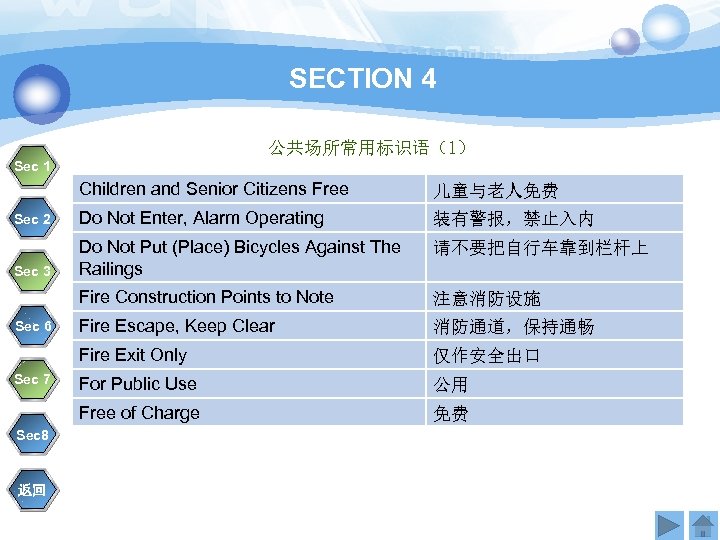 SECTION 4 公共场所常用标识语（1） Sec 1 Children and Senior Citizens Free 儿童与老人免费 Sec 2 Do