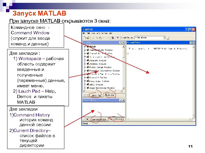 Запуск MATLAB При запуске MATLAB открываются 3 окна: Командное окно - Command Window (служит