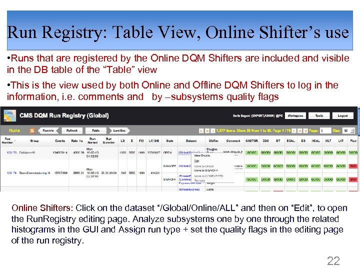 Run Registry: Table View, Online Shifter’s use • Runs that are registered by the