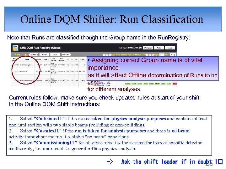 Online DQM Shifter: Run Classification Note that Runs are classified though the Group name