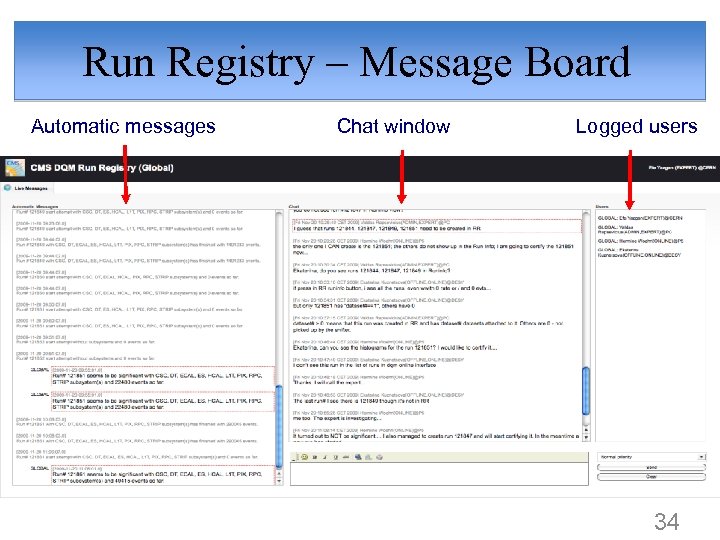 Run Registry – Message Board Automatic messages Chat window Logged users 34 