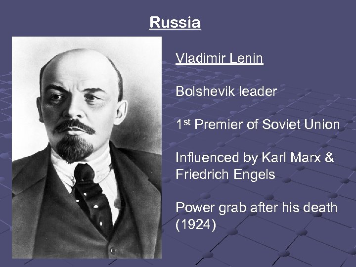 Russia Vladimir Lenin Bolshevik leader 1 st Premier of Soviet Union Influenced by Karl