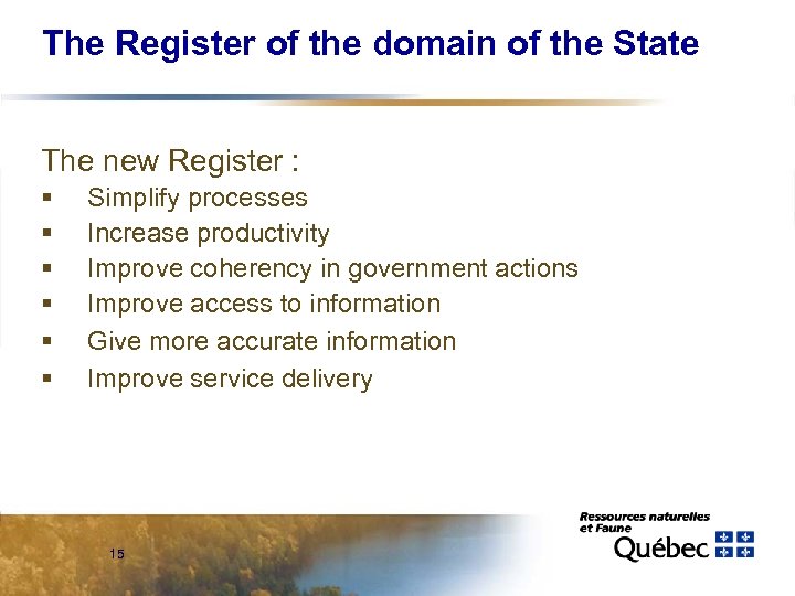 The Register of the domain of the State The new Register : § §