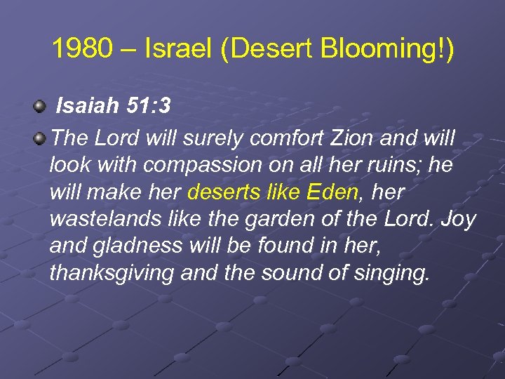 1980 – Israel (Desert Blooming!) Isaiah 51: 3 The Lord will surely comfort Zion