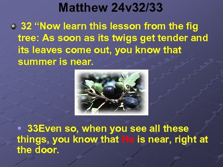 Matthew 24 v 32/33 32 “Now learn this lesson from the fig tree: As