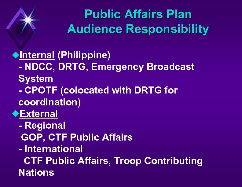 Public Affairs Plan Audience Responsibility u. Internal (Philippine) - NDCC, DRTG, Emergency Broadcast System