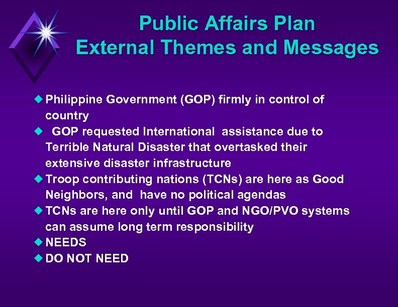 Public Affairs Plan External Themes and Messages u Philippine Government (GOP) firmly in control