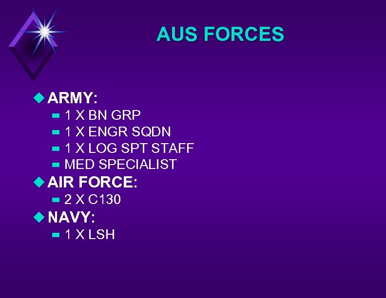 AUS FORCES u ARMY: – – 1 X BN GRP 1 X ENGR SQDN