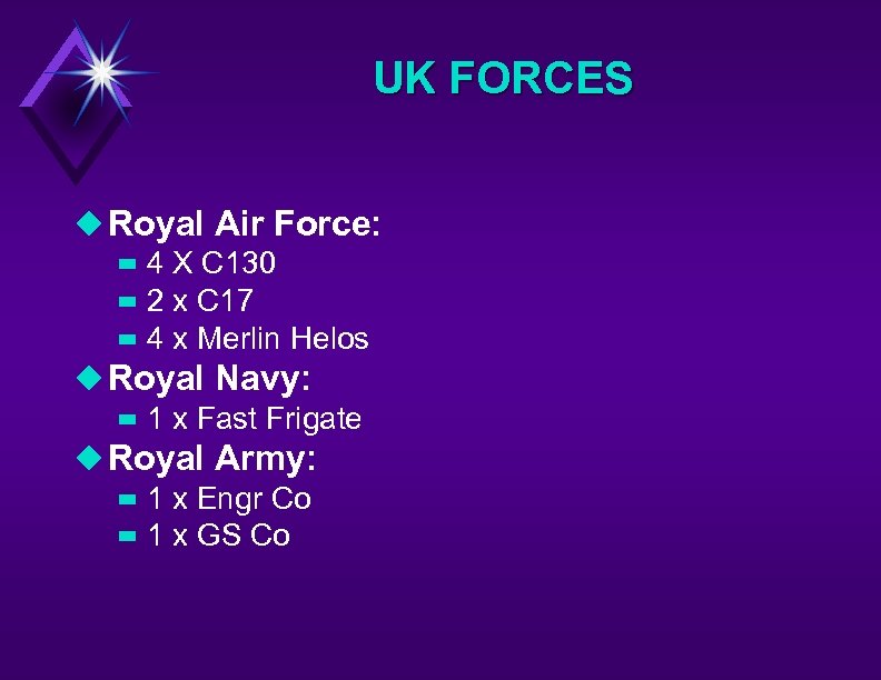 UK FORCES u Royal Air Force: – 4 X C 130 – 2 x