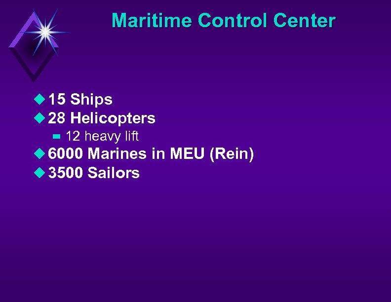 Maritime Control Center u 15 Ships u 28 Helicopters – 12 heavy lift u