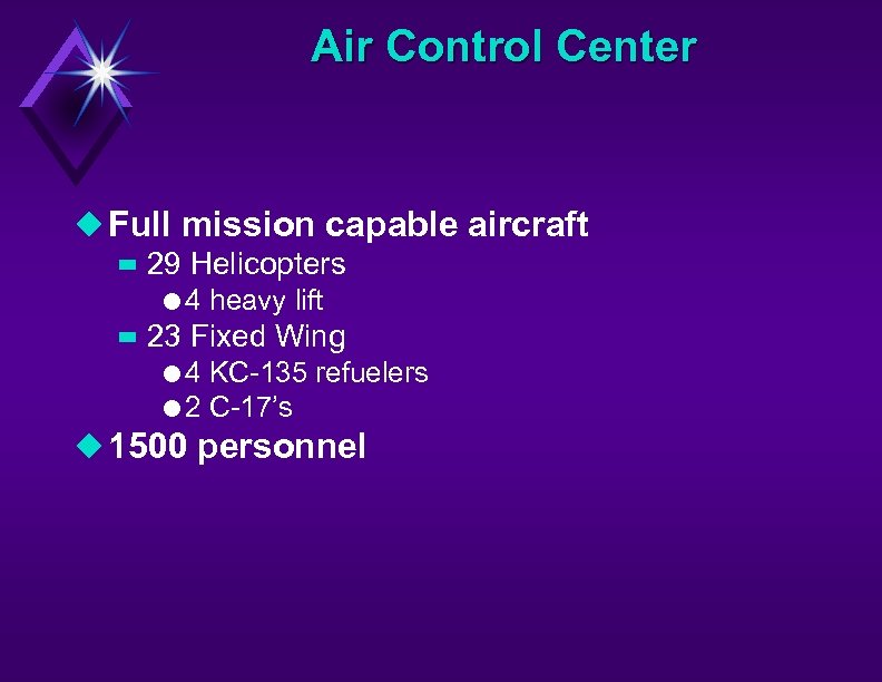 Air Control Center u Full mission capable aircraft – 29 Helicopters l 4 heavy