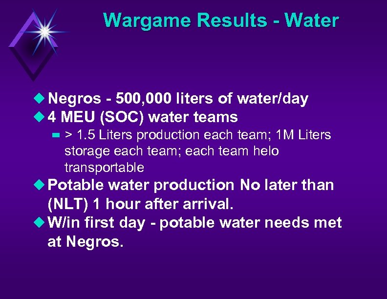 Wargame Results - Water u Negros - 500, 000 liters of water/day u 4