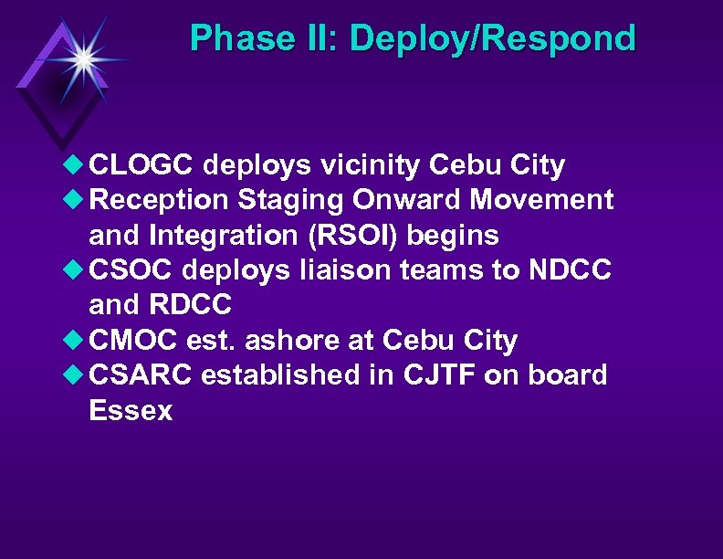 Phase II: Deploy/Respond u CLOGC deploys vicinity Cebu City u Reception Staging Onward Movement