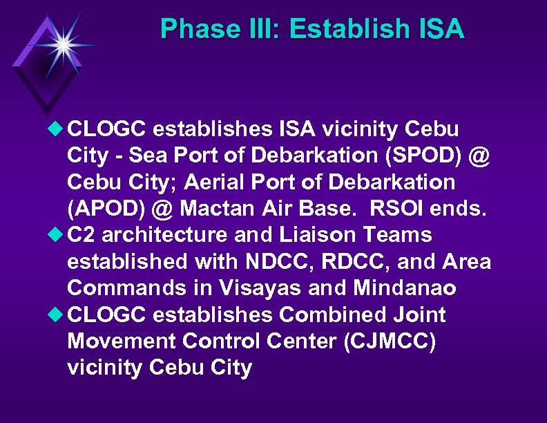 Phase III: Establish ISA u CLOGC establishes ISA vicinity Cebu City - Sea Port