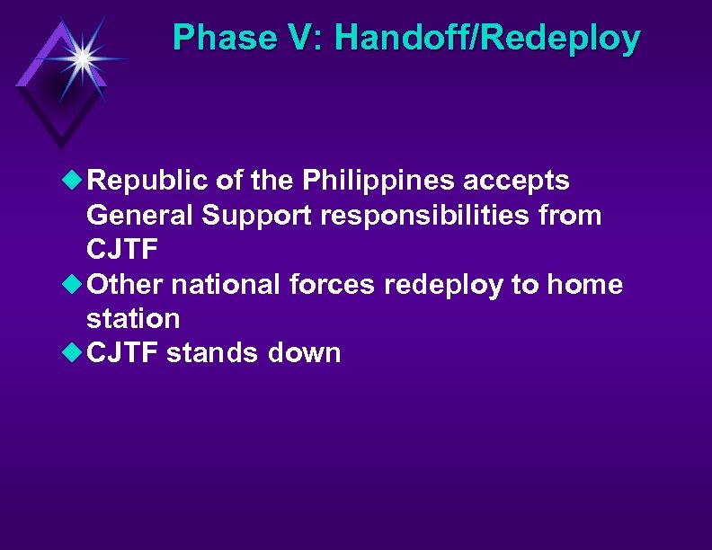 Phase V: Handoff/Redeploy u Republic of the Philippines accepts General Support responsibilities from CJTF