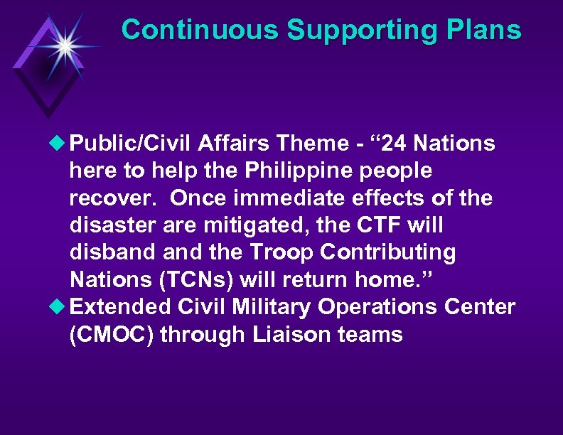 Continuous Supporting Plans u Public/Civil Affairs Theme - “ 24 Nations here to help