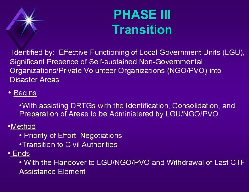 PHASE III Transition Identified by: Effective Functioning of Local Government Units (LGU), Significant Presence