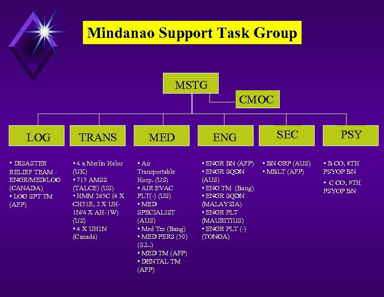 Mindanao Support Task Group MSTG CMOC LOG • DISASTER RELIEF TEAM ENGR/MED/LOG (CANADA) •