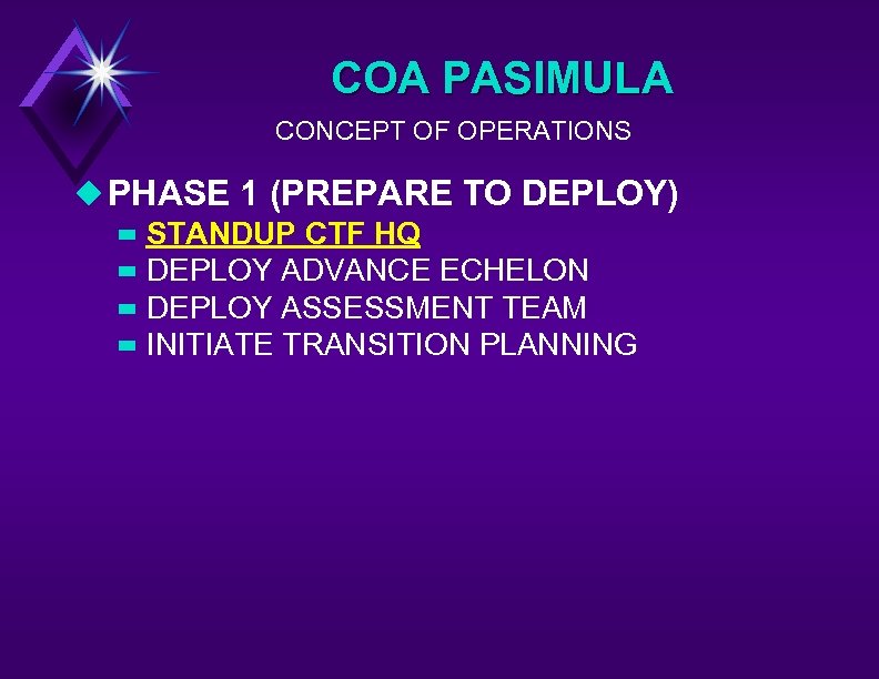 COA PASIMULA CONCEPT OF OPERATIONS u PHASE 1 (PREPARE TO DEPLOY) – – STANDUP