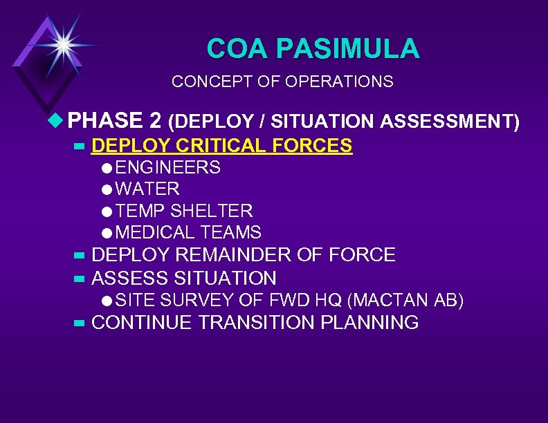 COA PASIMULA CONCEPT OF OPERATIONS u PHASE 2 (DEPLOY / SITUATION ASSESSMENT) – DEPLOY