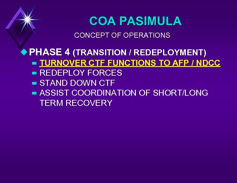 COA PASIMULA CONCEPT OF OPERATIONS u PHASE 4 (TRANSITION / REDEPLOYMENT) – – TURNOVER