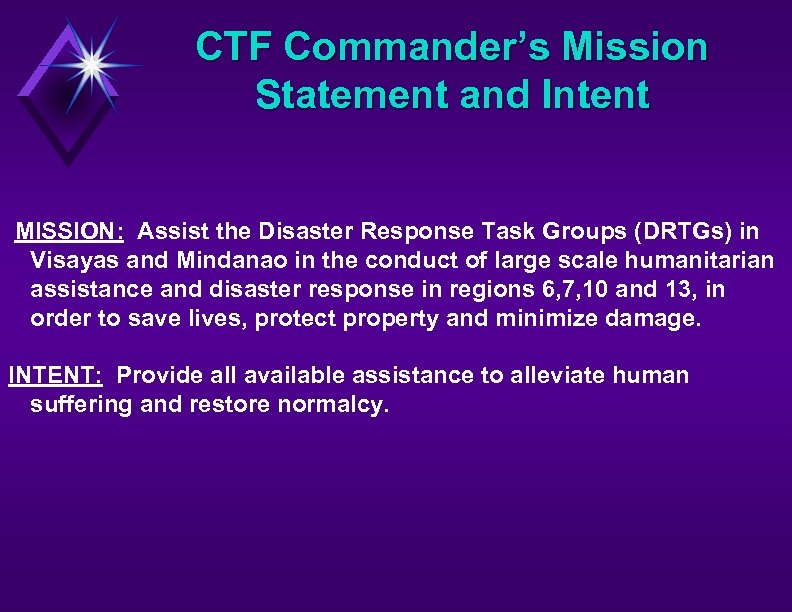 CTF Commander’s Mission Statement and Intent MISSION: Assist the Disaster Response Task Groups (DRTGs)