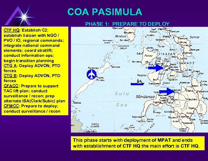 COA PASIMULA PHASE 1: PREPARE TO DEPLOY CTF HQ: Establish C 2; establish liaison