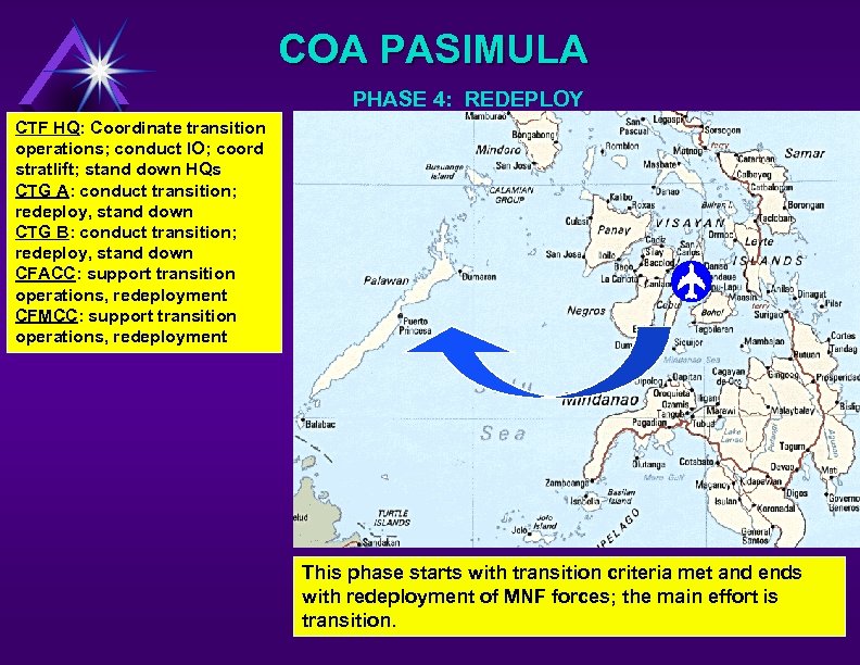 COA PASIMULA PHASE 4: REDEPLOY CTF HQ: Coordinate transition operations; conduct IO; coord stratlift;