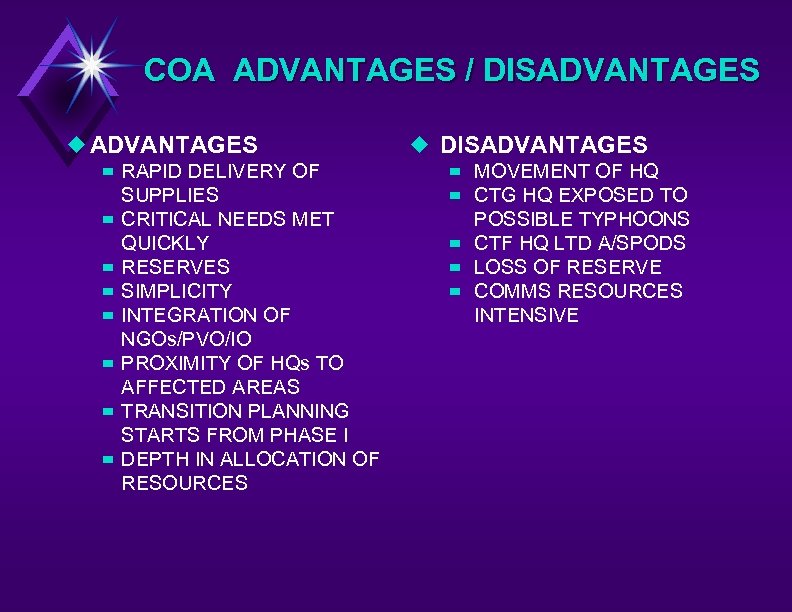 COA ADVANTAGES / DISADVANTAGES u ADVANTAGES – RAPID DELIVERY OF SUPPLIES – CRITICAL NEEDS