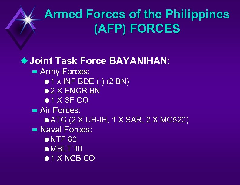 Armed Forces of the Philippines (AFP) FORCES u Joint Task Force BAYANIHAN: – Army