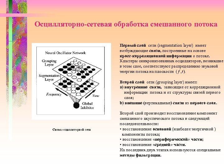 Осцилляторно-сетевая обработка смешанного потока Первый слой сети (segmentation layer) имеет возбуждающие связи, построенные на