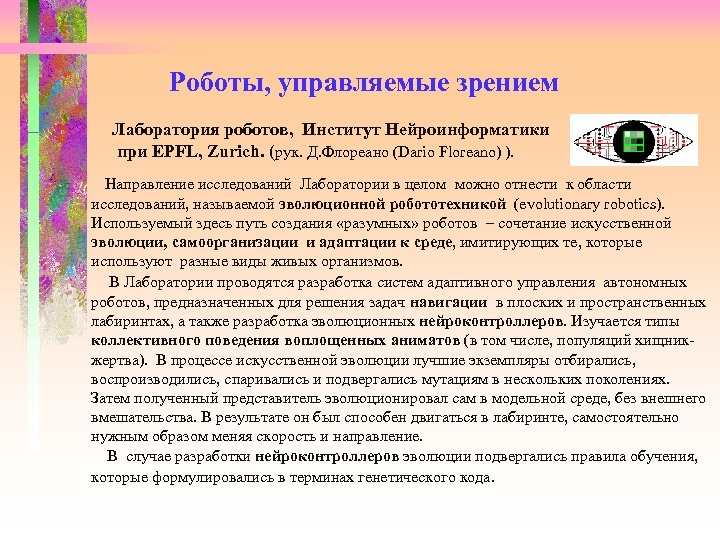 Роботы, управляемые зрением Лаборатория роботов, Институт Нейроинформатики при EPFL, Zurich. (рук. Д. Флореано (Dario