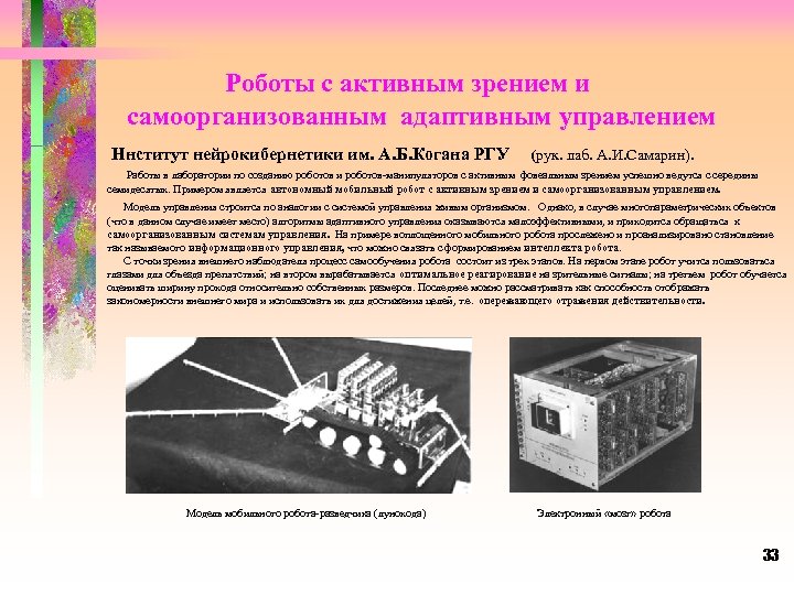 Роботы с активным зрением и самоорганизованным адаптивным управлением Ннститут нейрокибернетики им. А. Б. Когана