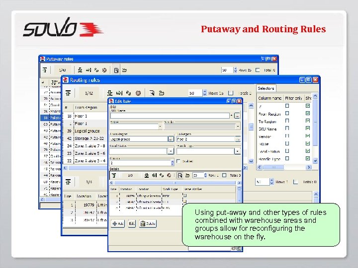 Putaway and Routing Rules Using put-away and other types of rules combined with warehouse